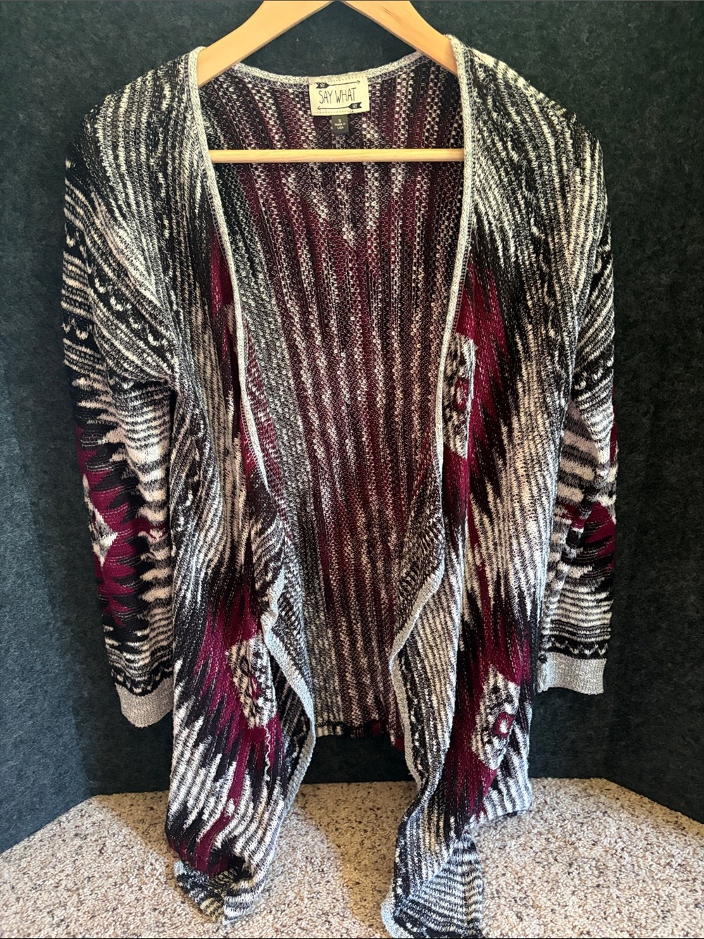 Say What? Open-Front Cardigan Sweater in Black, White & Burgundy